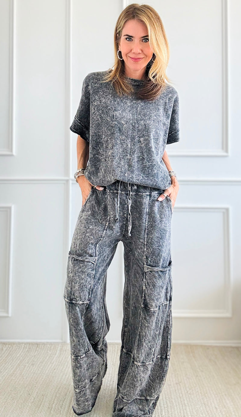 Mineral Wash Drawnstring Wide Pant - Ashed Black-170 Bottoms-j.her-Coastal Bloom Boutique, find the trendiest versions of the popular styles and looks Located in Indialantic, FL