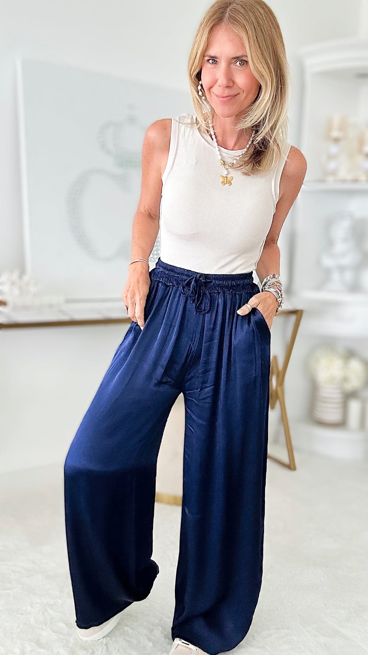 Angora Italian Satin Pant - Navy-170 Bottoms-Germany-Coastal Bloom Boutique, find the trendiest versions of the popular styles and looks Located in Indialantic, FL