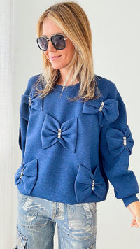Fiora French Scuba Ribbon-Bow Sweatshirt - Denim Blue-130 Long Sleeve Tops-Joh Apparel-Coastal Bloom Boutique, find the trendiest versions of the popular styles and looks Located in Indialantic, FL