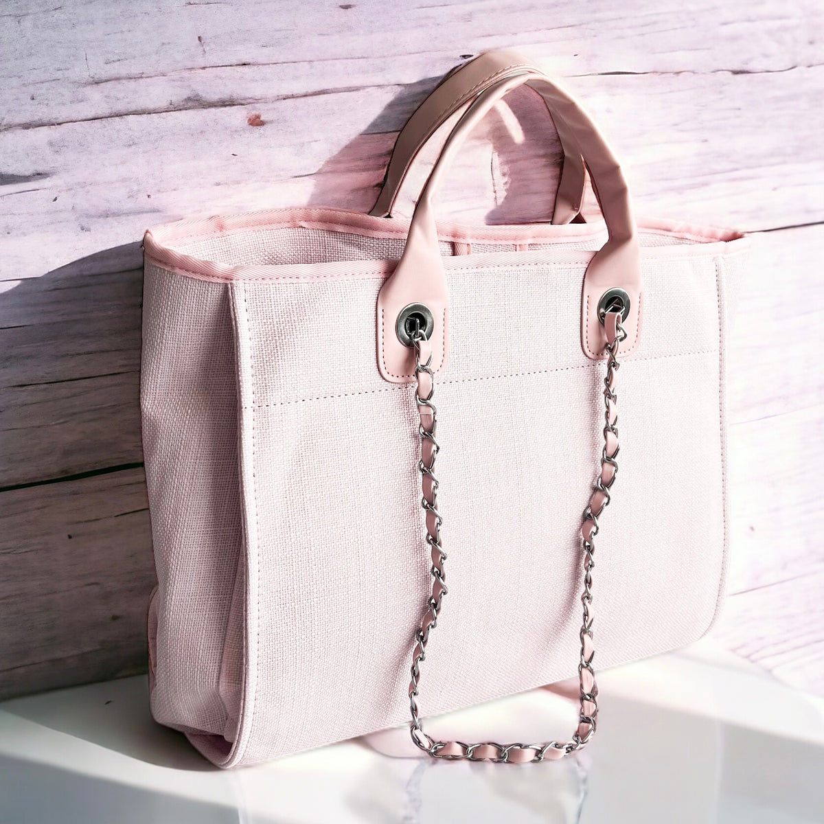Chain Detail Canvas Shoulder Tote Bag-240 Bags-CBALY-Coastal Bloom Boutique, find the trendiest versions of the popular styles and looks Located in Indialantic, FL
