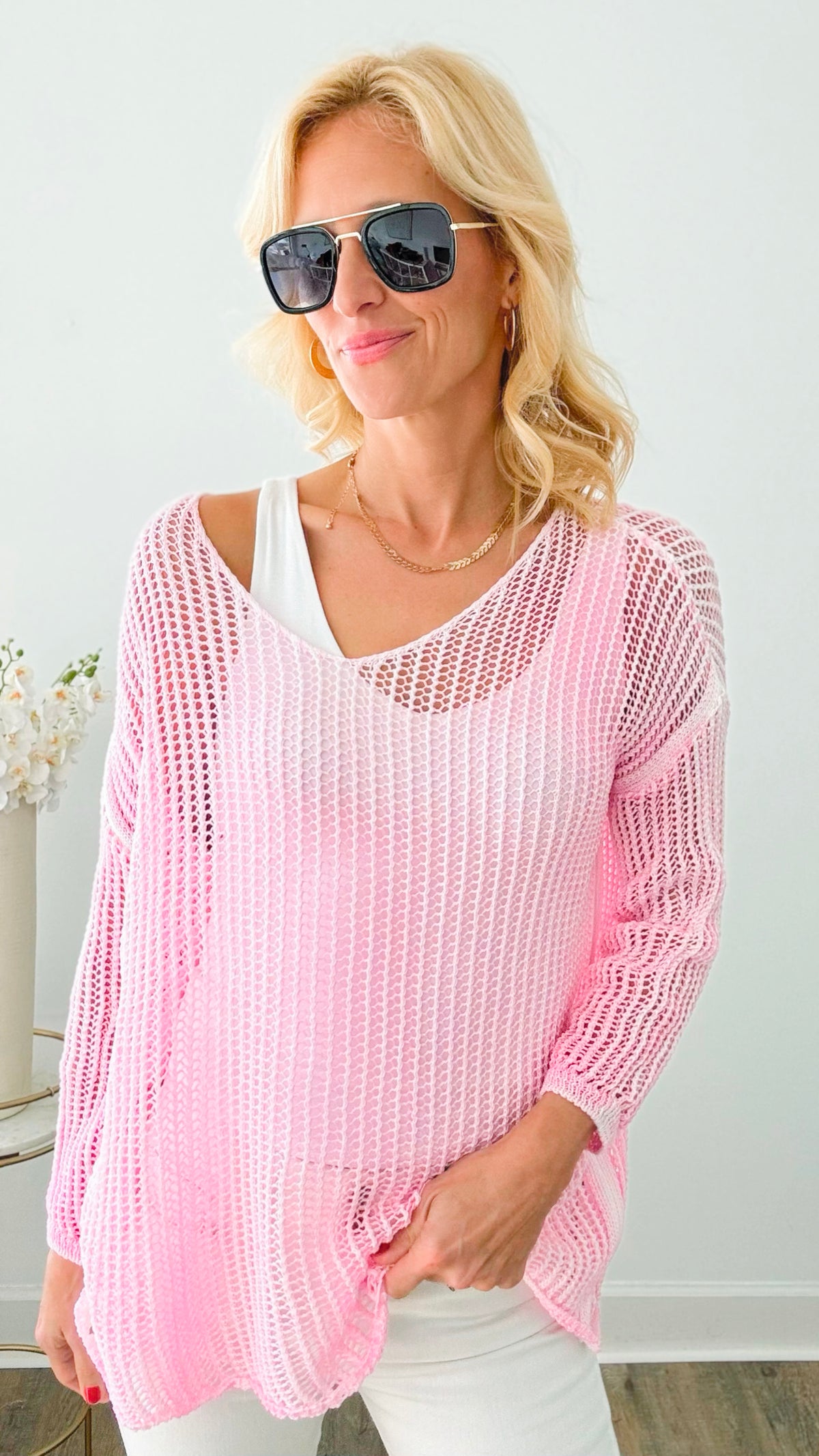 Relaxed Italian Crochet Top - Candy-130 Long Sleeve Tops-VENTI6-Coastal Bloom Boutique, find the trendiest versions of the popular styles and looks Located in Indialantic, FL