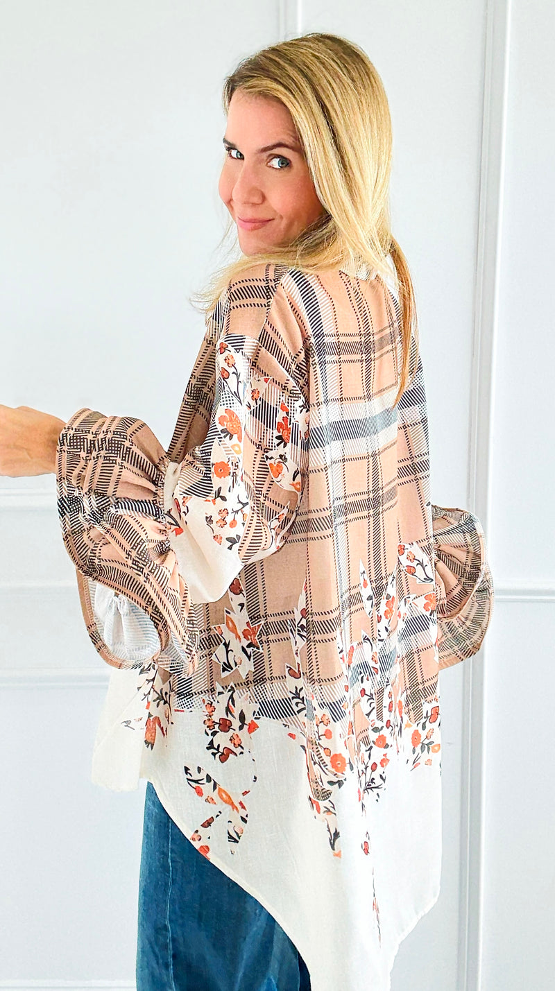 Garden Plaid Ruffle Bell Sleeve Italian Blouse-130 Long sleeve top-Italianissimo-Coastal Bloom Boutique, find the trendiest versions of the popular styles and looks Located in Indialantic, FL
