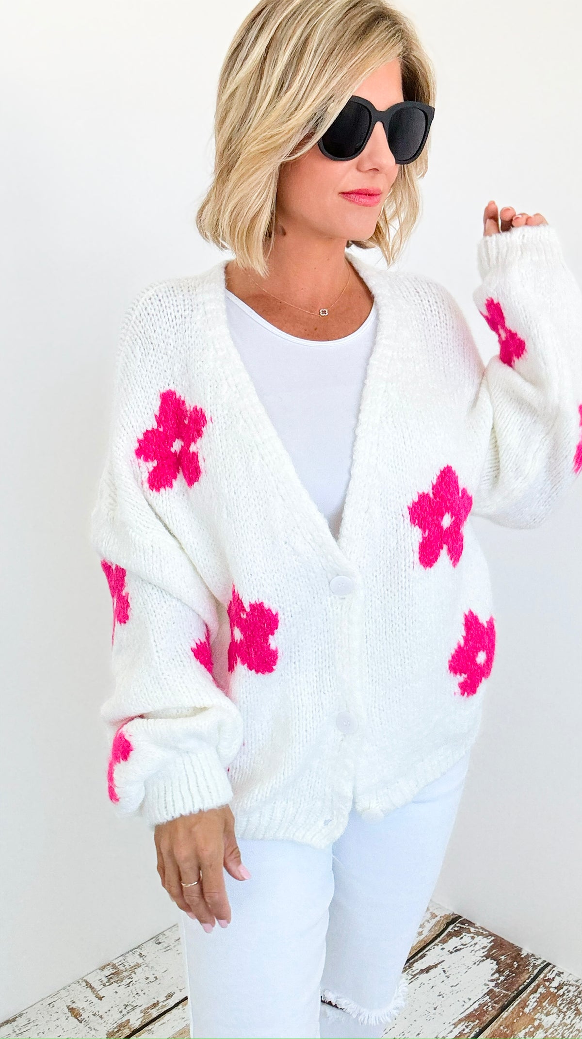 Flowers Pink Italian Cardigan-140 Sweaters-Italianissimo-Coastal Bloom Boutique, find the trendiest versions of the popular styles and looks Located in Indialantic, FL