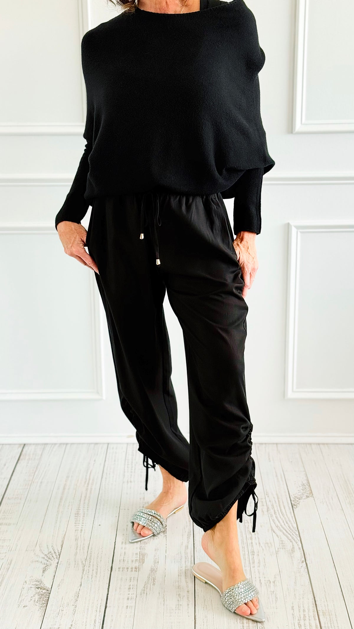 Drapey Twill Adjustable Scrunch Joggers - Black-170 Bottoms-Allie Rose-Coastal Bloom Boutique, find the trendiest versions of the popular styles and looks Located in Indialantic, FL