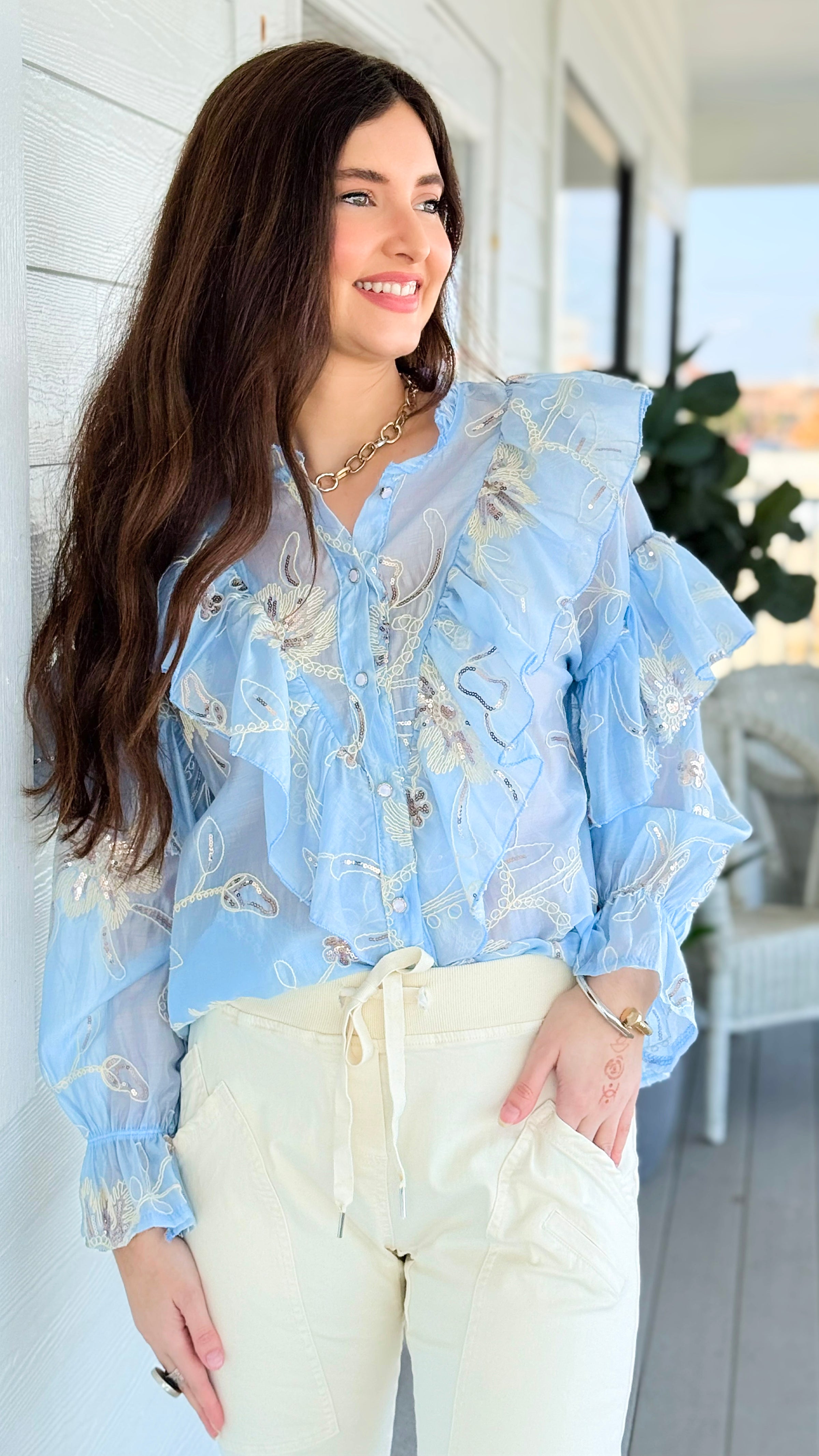 Elegance Bloom Embroidered Italian Button Top- Light Blue
