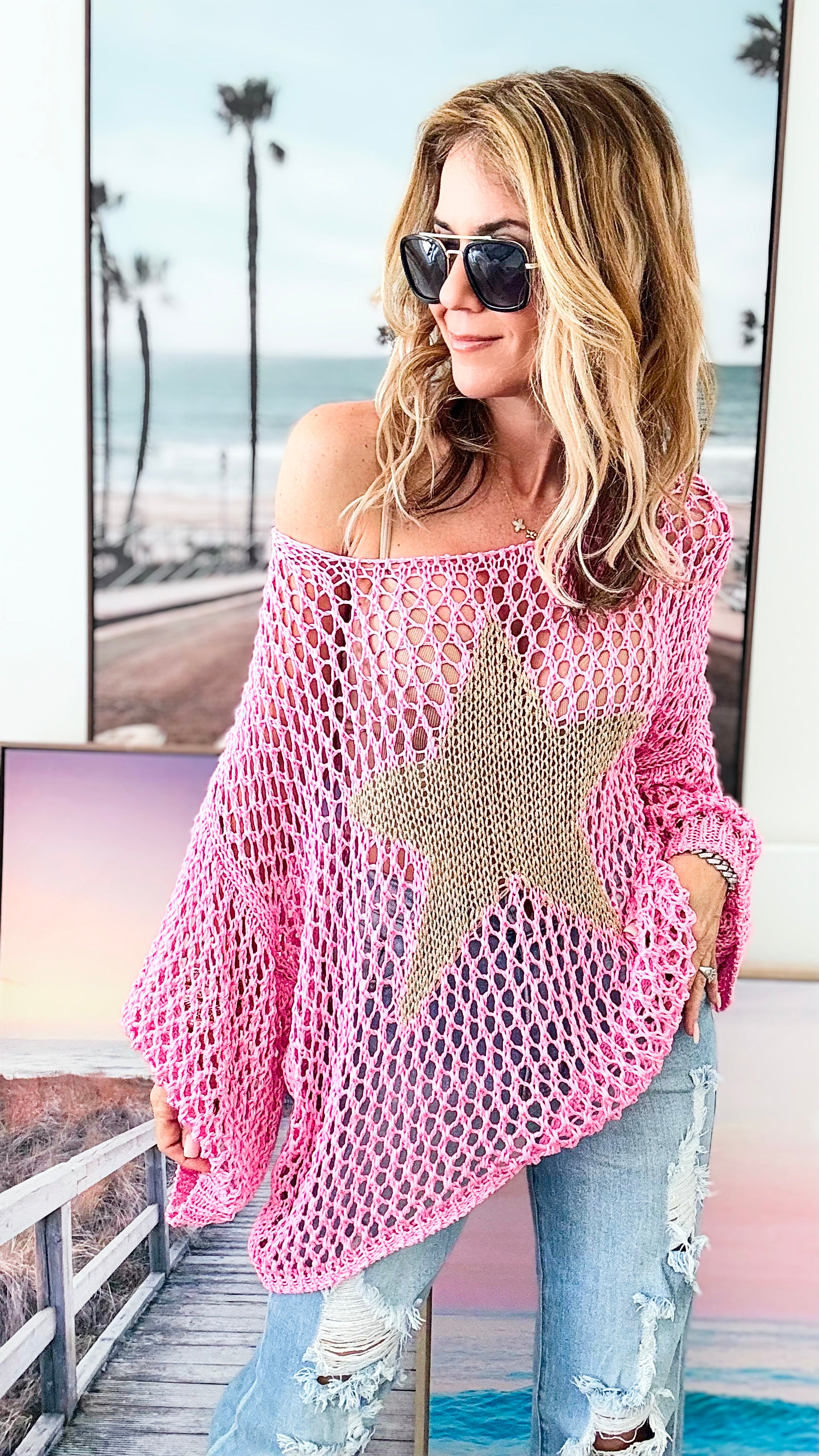 Shining Star Italian Chain Sweater - Barbie Pink /Gold-140 Sweaters-Italianissimo-Coastal Bloom Boutique, find the trendiest versions of the popular styles and looks Located in Indialantic, FL