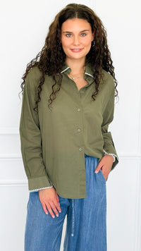 Delicate Edge Embroidered Blouse- Olive-170 Bottoms-V SKY-Coastal Bloom Boutique, find the trendiest versions of the popular styles and looks Located in Indialantic, FL