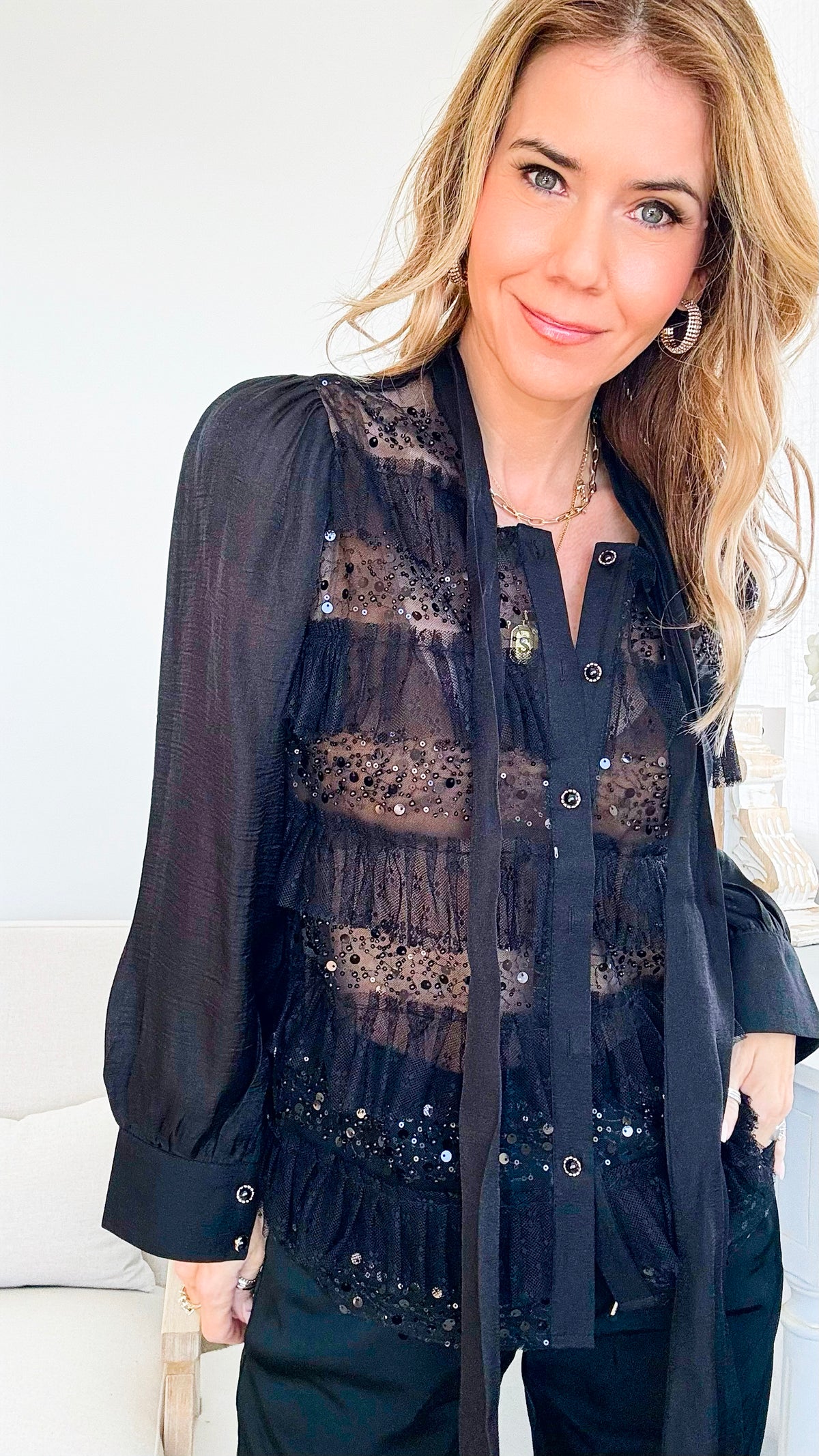 Coquette Bow Rhinestone Detail Shirt-Black-130 Long Sleeve Tops-pastel design-Coastal Bloom Boutique, find the trendiest versions of the popular styles and looks Located in Indialantic, FL