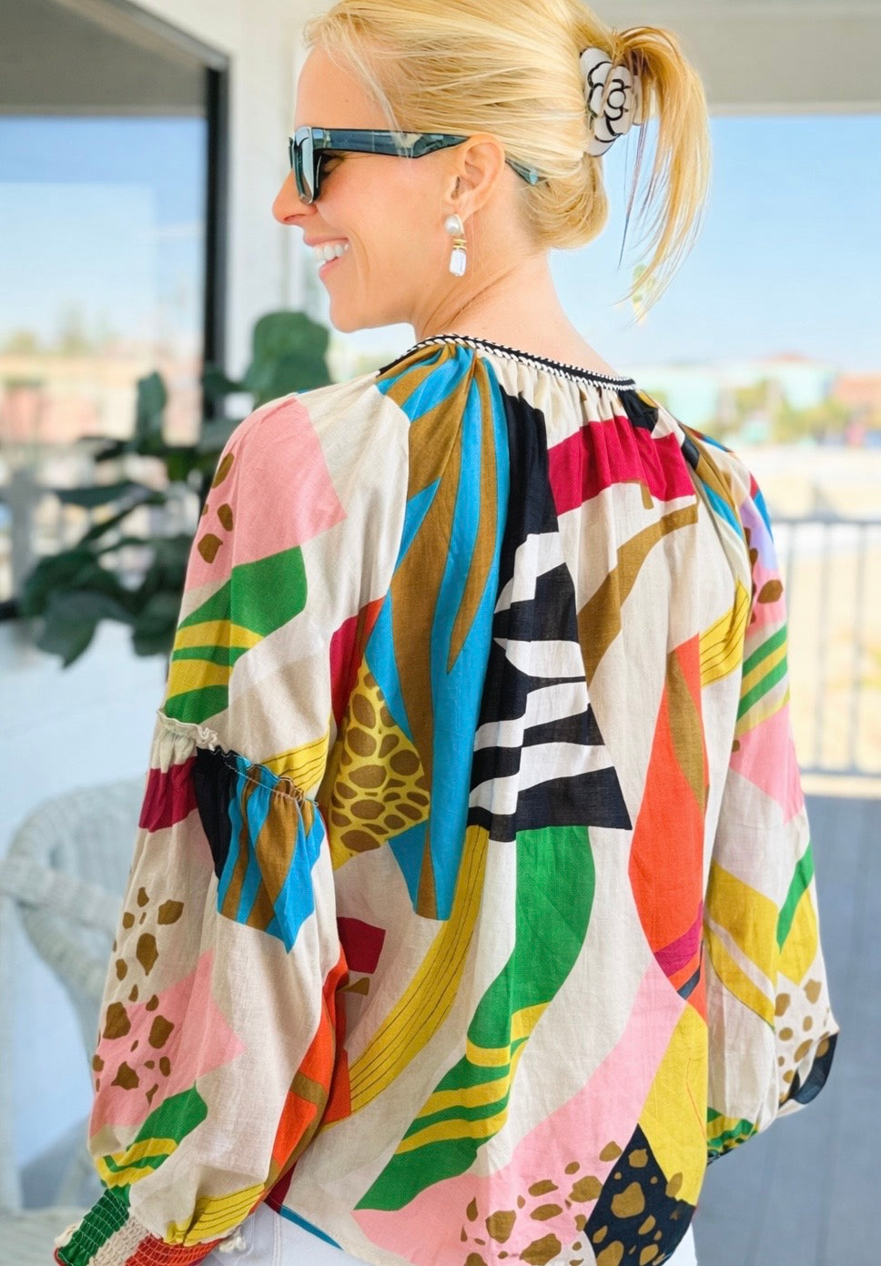 Multi Print Tie Front Blouse