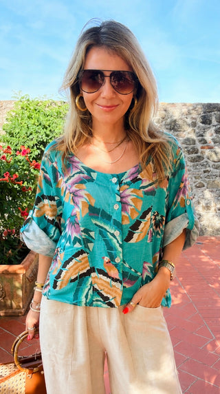 Palm & Paradise Linen Italian Button Top