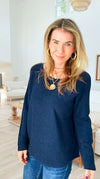 Soho Italian Boatneck Pullover - Navy-140 Sweaters-Italianissimo-Coastal Bloom Boutique, find the trendiest versions of the popular styles and looks Located in Indialantic, FL