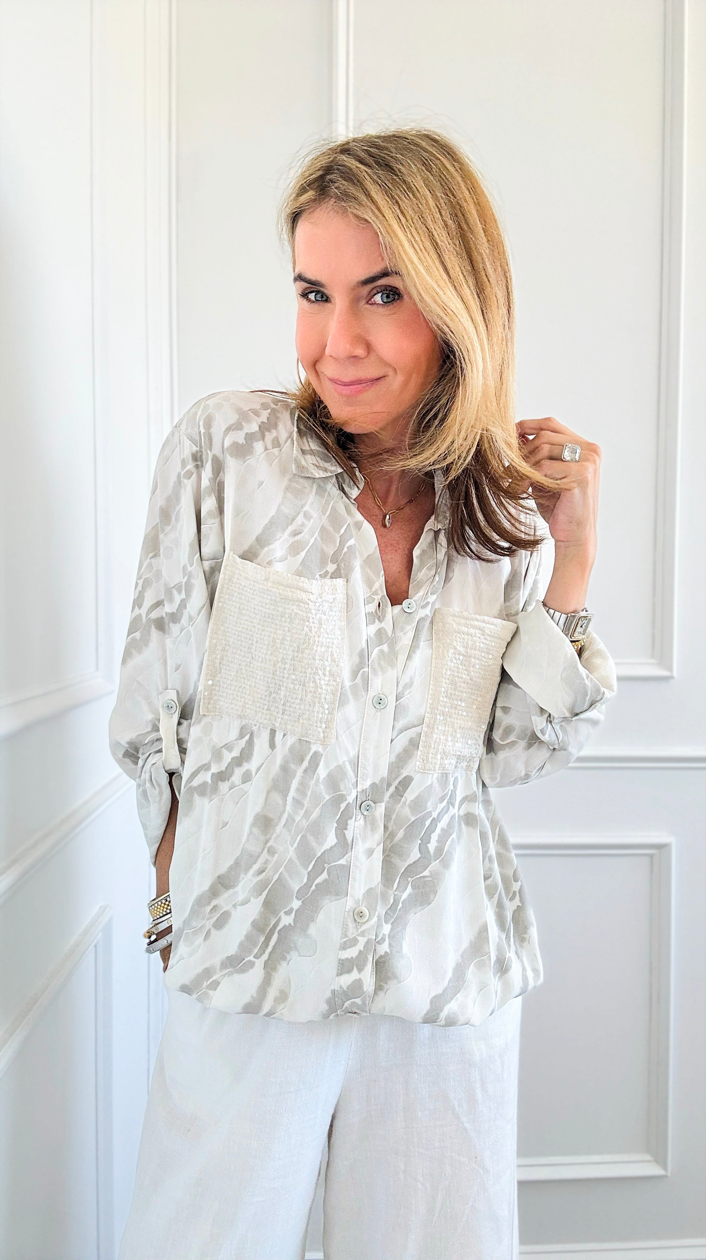 Chic Sequins Pockets Italian Blouse-130 Long Sleeve Tops-UM-Coastal Bloom Boutique, find the trendiest versions of the popular styles and looks Located in Indialantic, FL