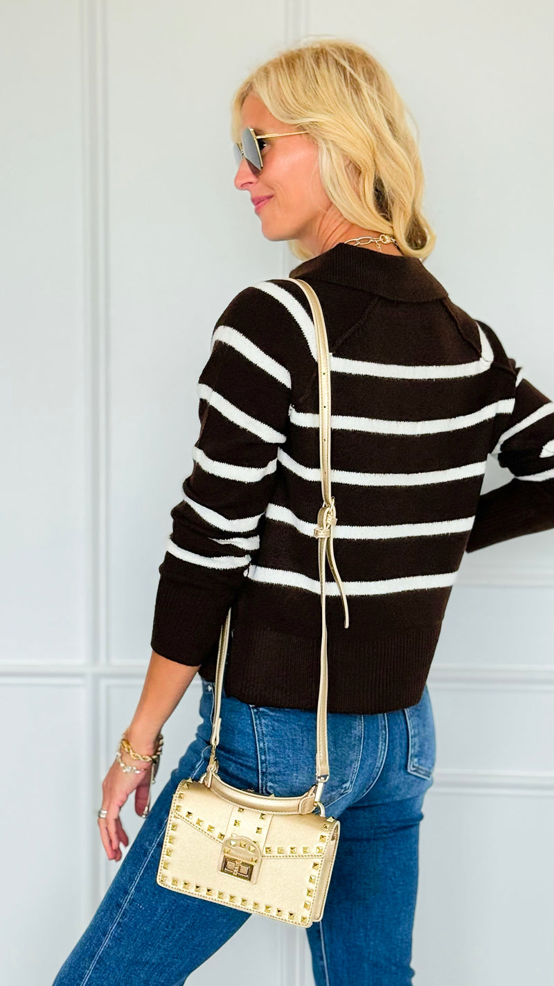 Weekend Club Striped Polo Sweater - Brown-140 Sweaters-LOVE TREE-Coastal Bloom Boutique, find the trendiest versions of the popular styles and looks Located in Indialantic, FL