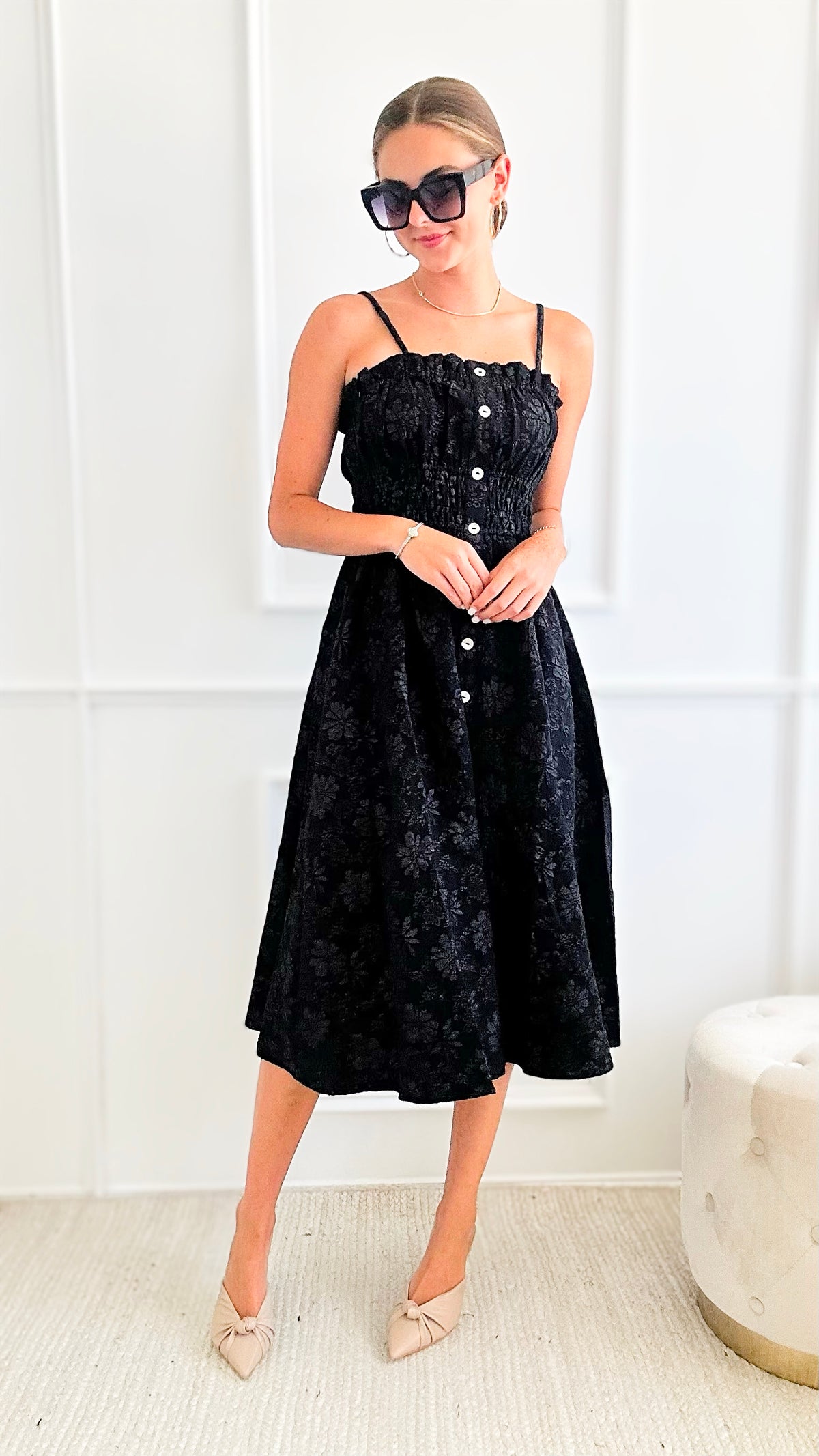 Floral Sleeveless Midi Dress - Black-200 dresses/jumpsuits/rompers-Rousseau-Coastal Bloom Boutique, find the trendiest versions of the popular styles and looks Located in Indialantic, FL