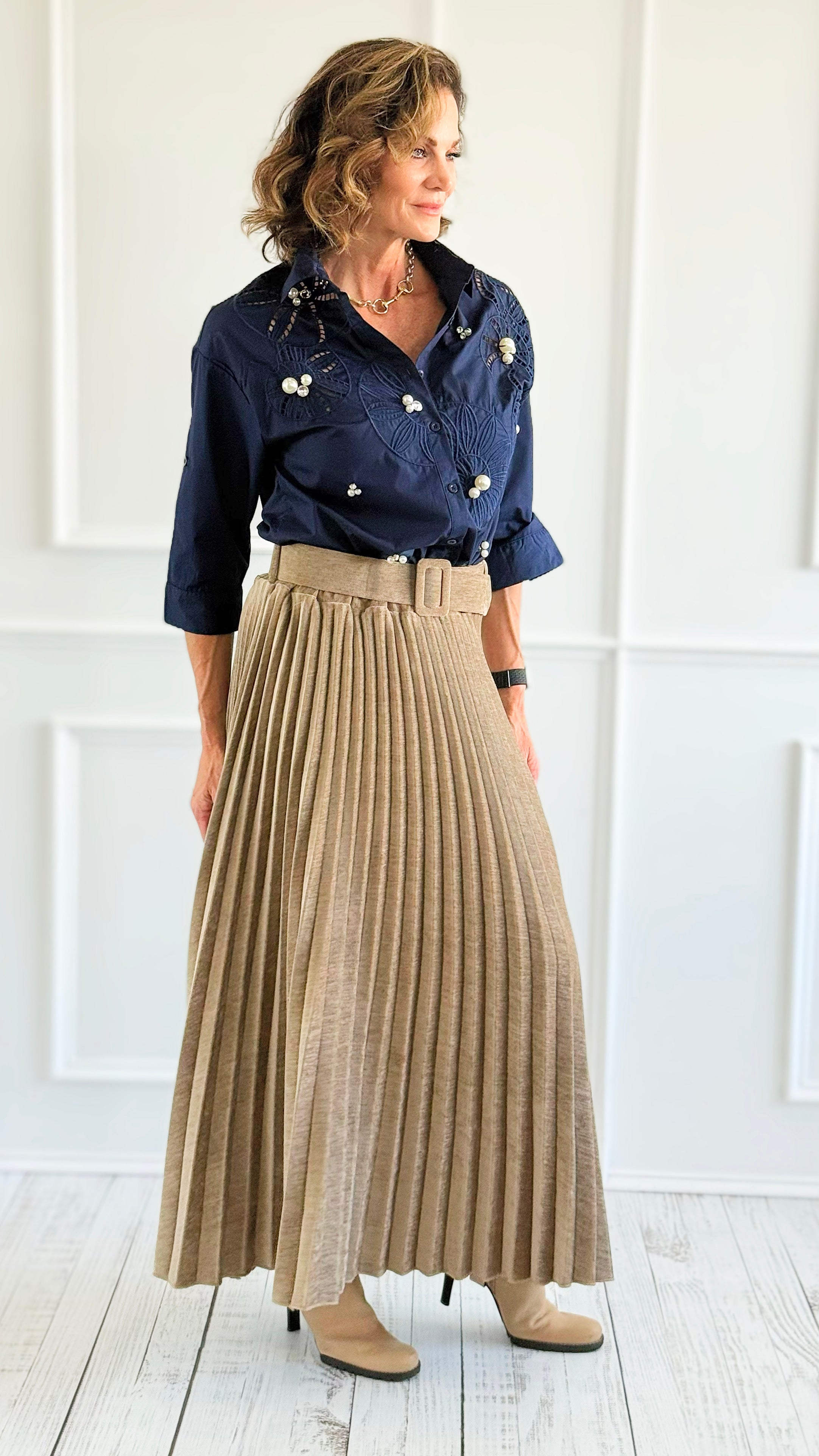 Rhinestone Embroidered Blouse - Navy-130 Long Sleeve Tops-PASTEL DESIGN-Coastal Bloom Boutique, find the trendiest versions of the popular styles and looks Located in Indialantic, FL
