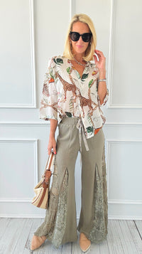 Golden Hour Lace Panel Pants - Olive-170 Bottoms-pol-Coastal Bloom Boutique, find the trendiest versions of the popular styles and looks Located in Indialantic, FL