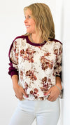 Contrast Sleeve Floral Printed Brushed Sweatshirt-130 Long Sleeve Tops-DOE AND RAE-Coastal Bloom Boutique, find the trendiest versions of the popular styles and looks Located in Indialantic, FL