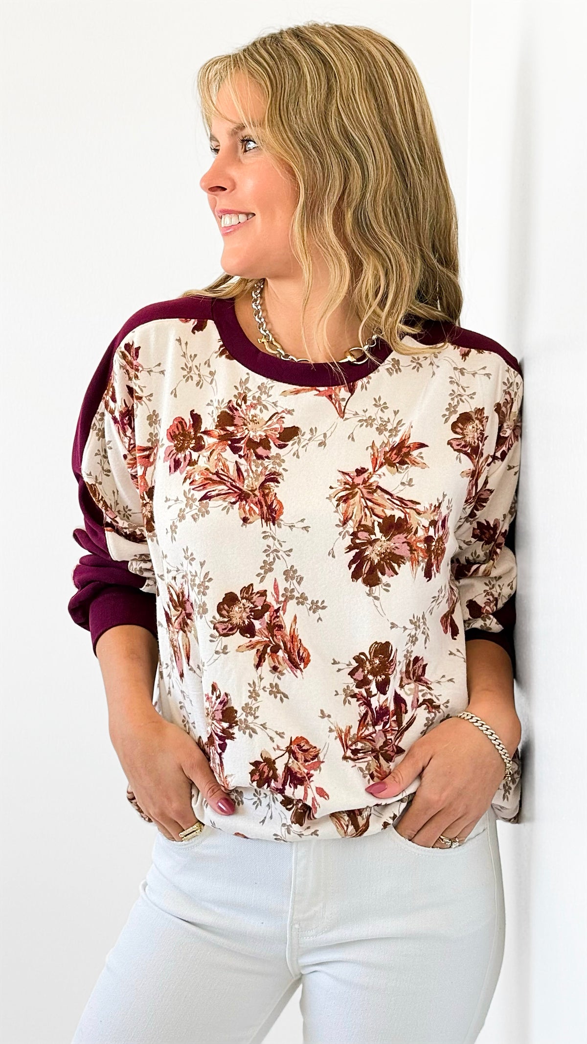 Contrast Sleeve Floral Printed Brushed Sweatshirt-130 Long Sleeve Tops-DOE AND RAE-Coastal Bloom Boutique, find the trendiest versions of the popular styles and looks Located in Indialantic, FL