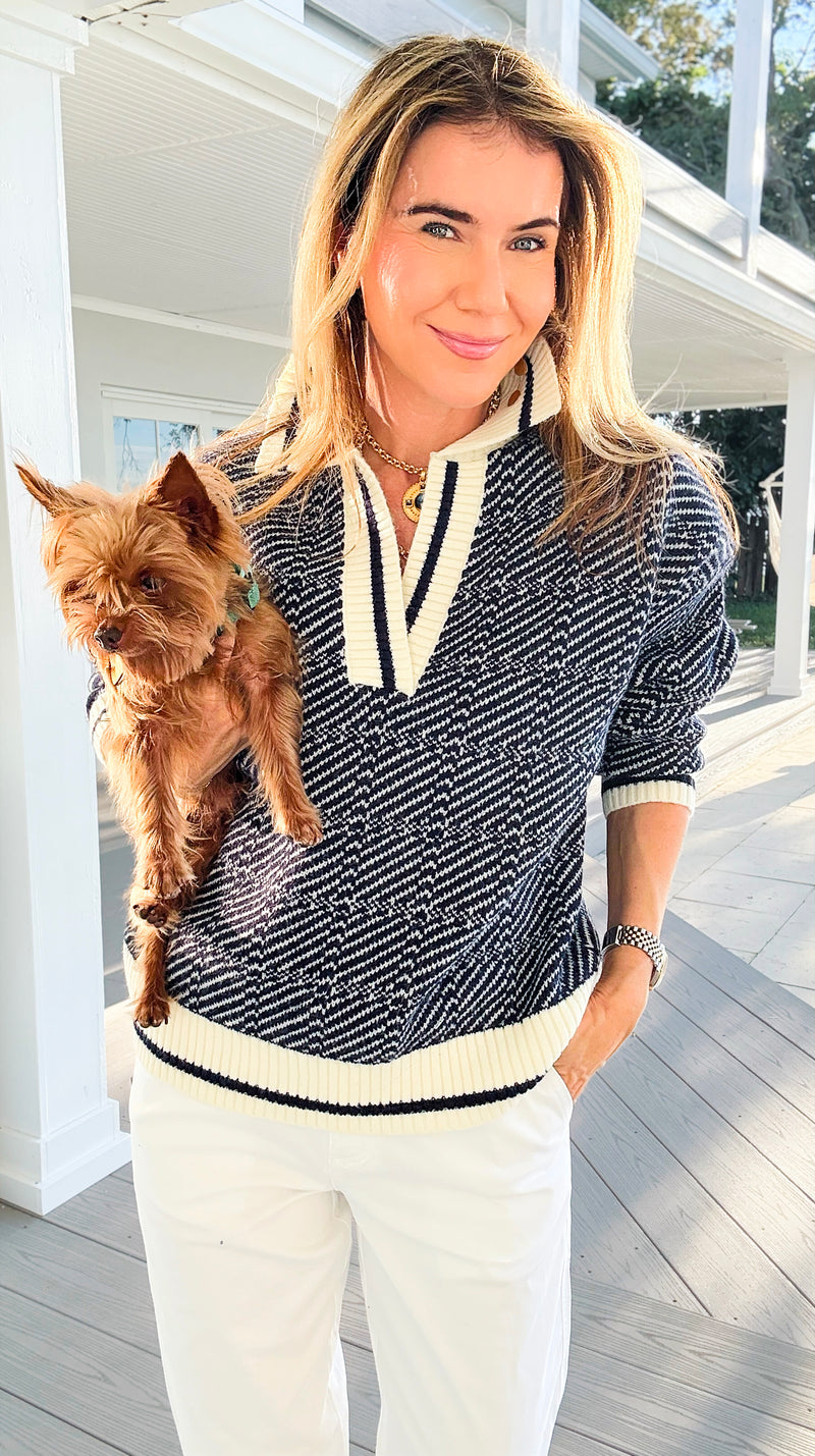 Geometric Stripe Collared Sweater-140 Sweaters-Blu Pepper-Coastal Bloom Boutique, find the trendiest versions of the popular styles and looks Located in Indialantic, FL