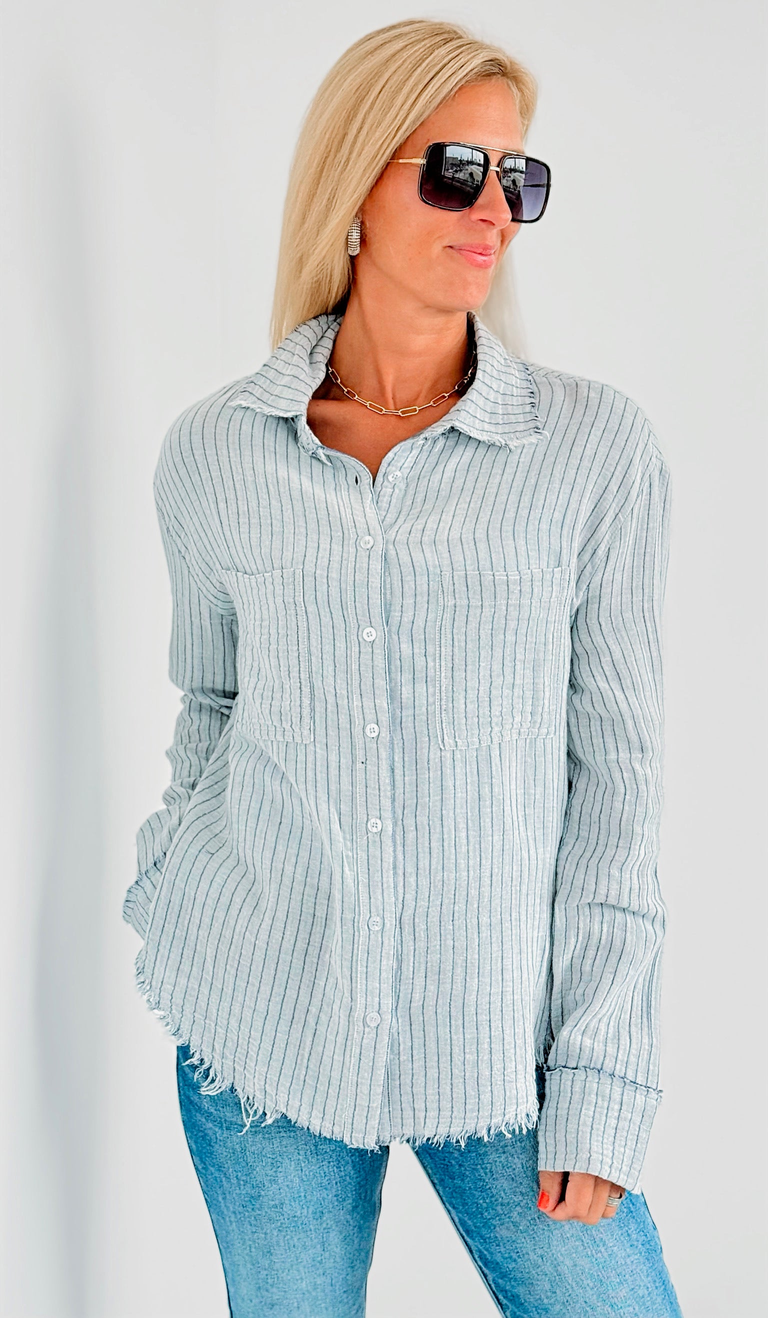 Blue Striped Blouse With Buttns-130 Long Sleeve Tops-On Blue-Coastal Bloom Boutique, find the trendiest versions of the popular styles and looks Located in Indialantic, FL