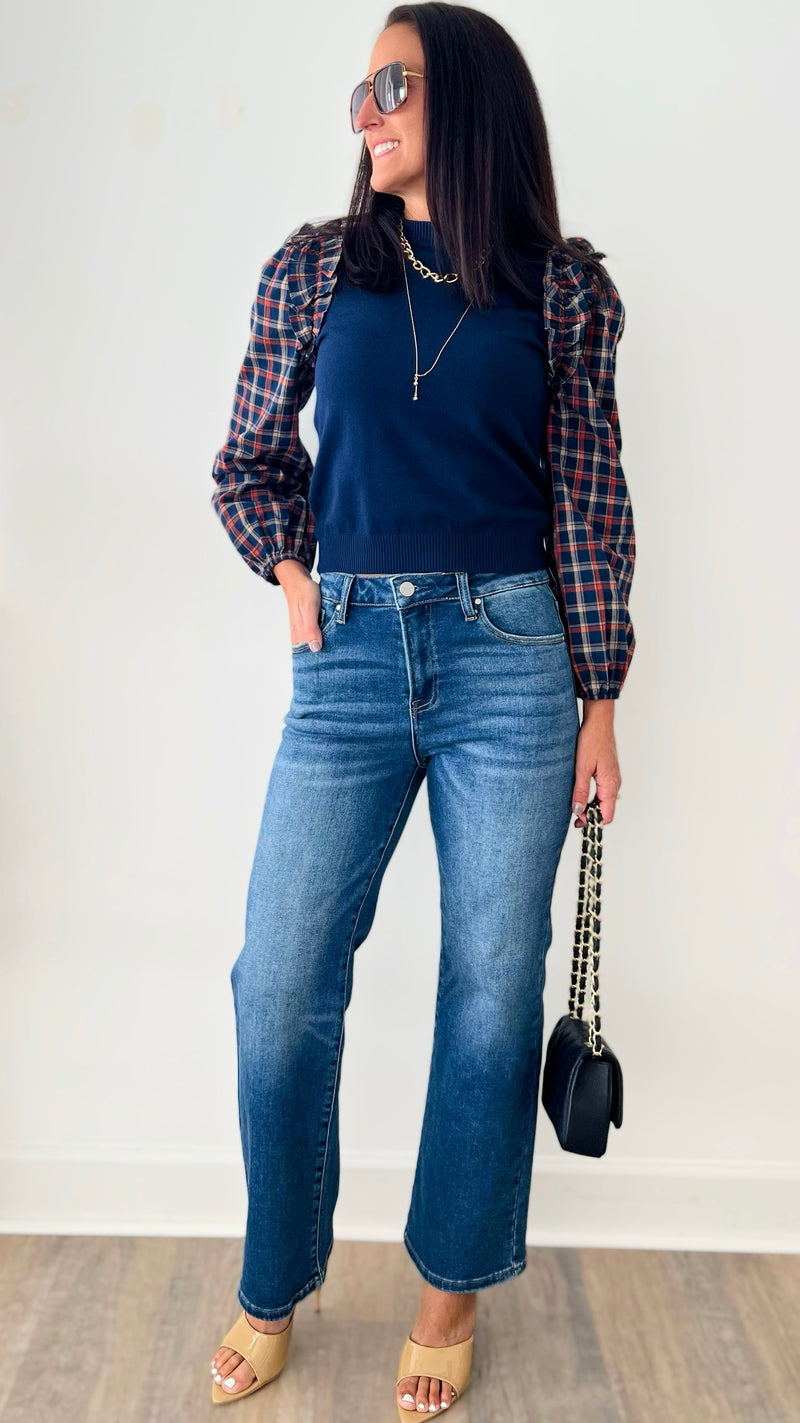 Contrast Plaid Ruffle Sweater Top-140 Sweaters-&MERCI-Coastal Bloom Boutique, find the trendiest versions of the popular styles and looks Located in Indialantic, FL