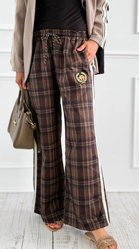 Classic Emblem Plaid Italian Pants- Brown-100 Pants-TATTOO Z-Coastal Bloom Boutique, find the trendiest versions of the popular styles and looks Located in Indialantic, FL