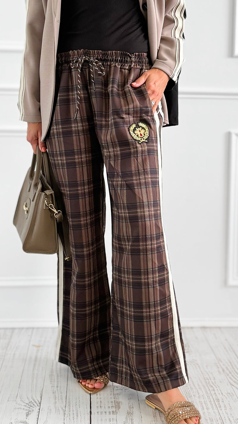 Classic Emblem Plaid Italian Pants- Brown-100 Pants-TATTOO Z-Coastal Bloom Boutique, find the trendiest versions of the popular styles and looks Located in Indialantic, FL