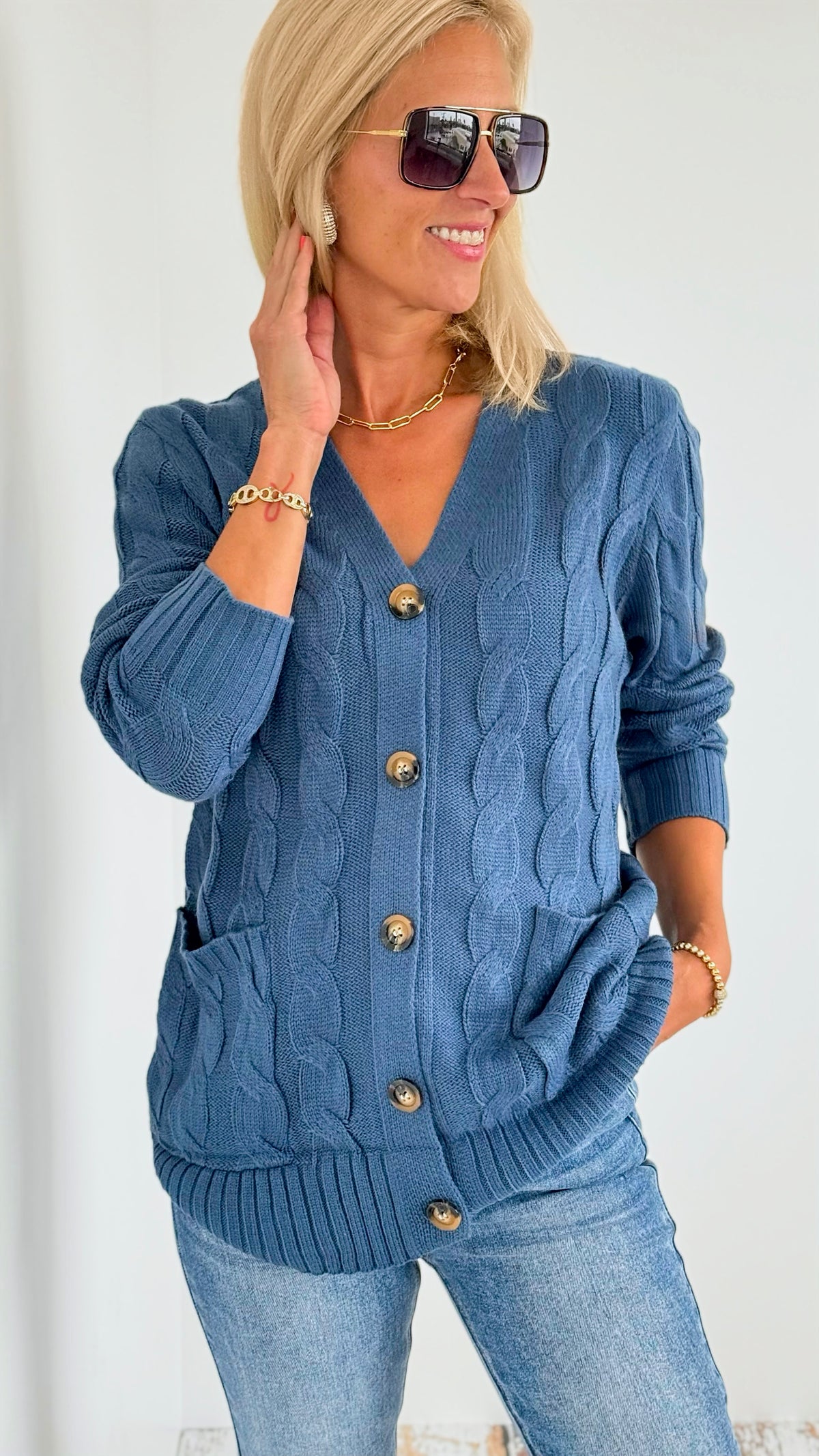 Open Front Cable Knit Cardigan - Dark Blue-150 Cardigans/Layers-On Blue-Coastal Bloom Boutique, find the trendiest versions of the popular styles and looks Located in Indialantic, FL