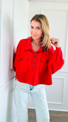 French Terry Buttoned Down Top - Red-130 Long Sleeve Tops-BucketList-Coastal Bloom Boutique, find the trendiest versions of the popular styles and looks Located in Indialantic, FL