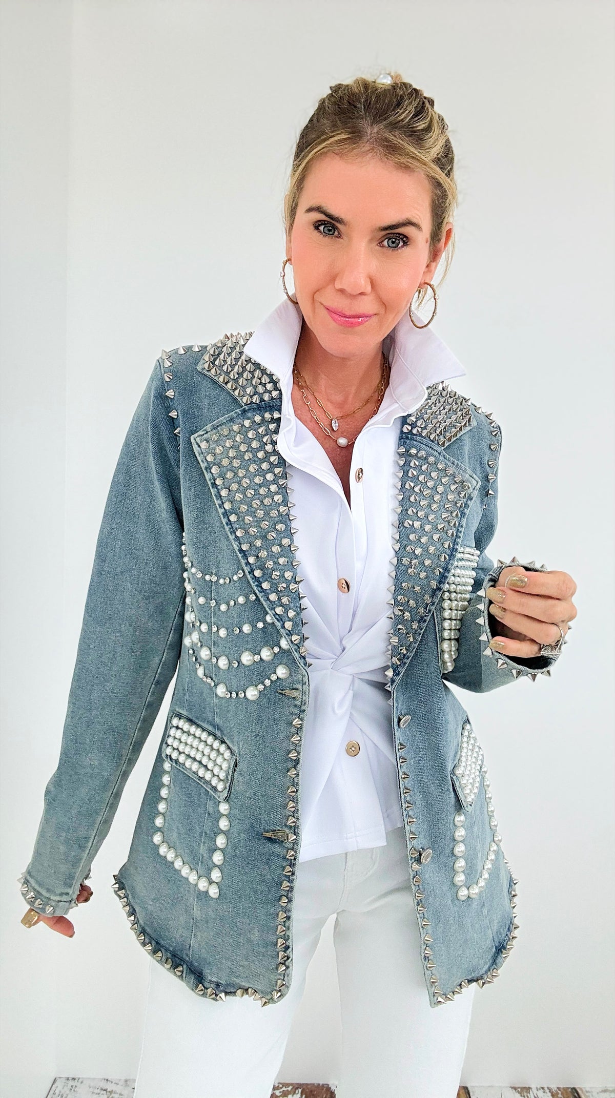 Rockstar Glam Studded Denim Jacket-160 Jackets-Tally Taylor-Chasing Bandits-Coastal Bloom Boutique, find the trendiest versions of the popular styles and looks Located in Indialantic, FL