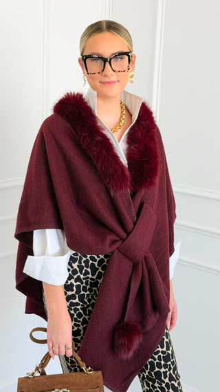 Fur Collar Wrap Poncho - Burgundy
