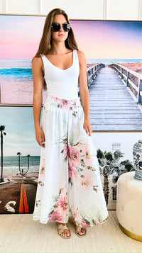 White Painted Floral Italian Linen Palazzos-170 Bottoms-Tempo-Coastal Bloom Boutique, find the trendiest versions of the popular styles and looks Located in Indialantic, FL