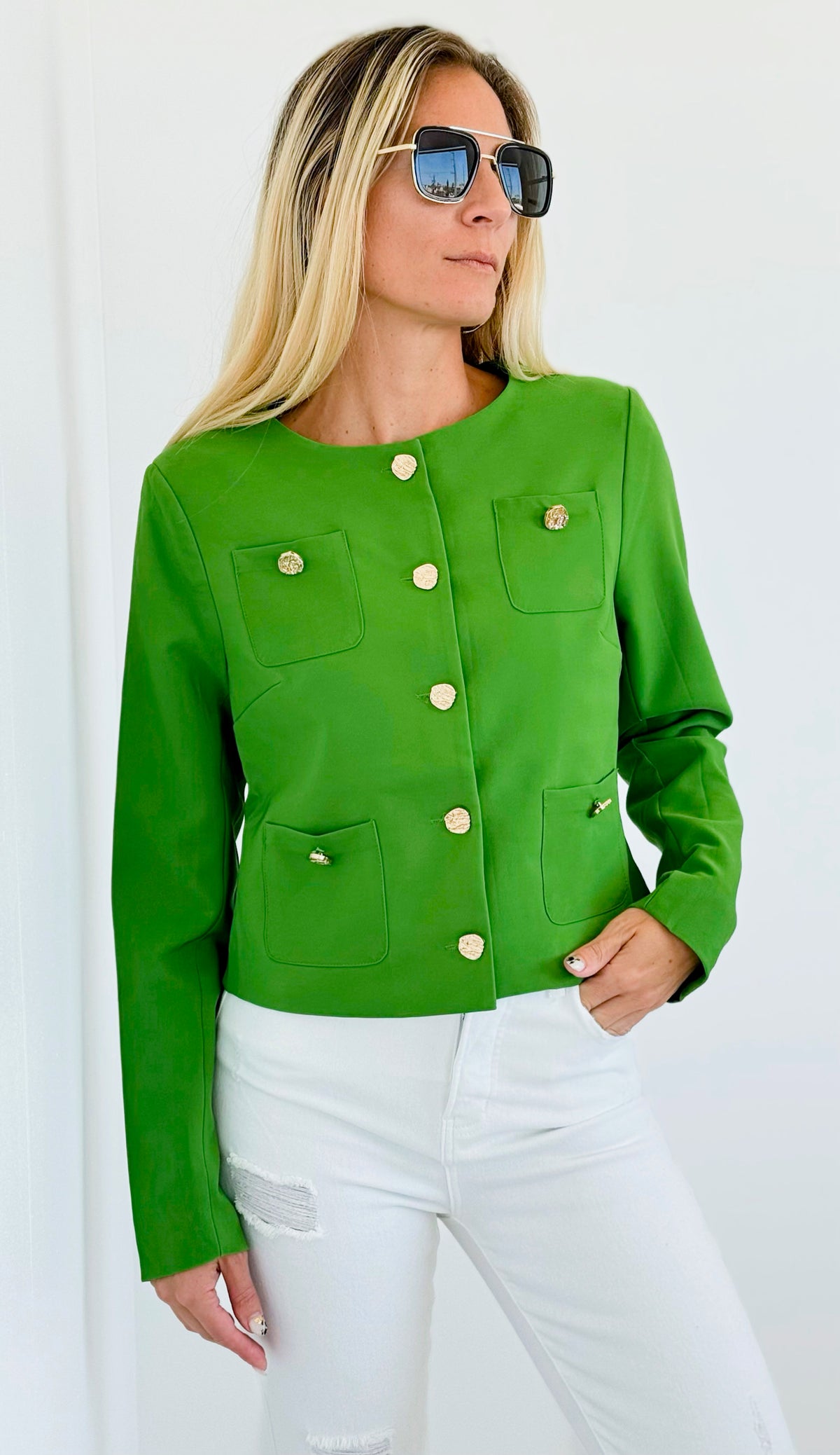 Classic Gold Buttoned Jacket - Green-160 Jackets-Michel-Coastal Bloom Boutique, find the trendiest versions of the popular styles and looks Located in Indialantic, FL