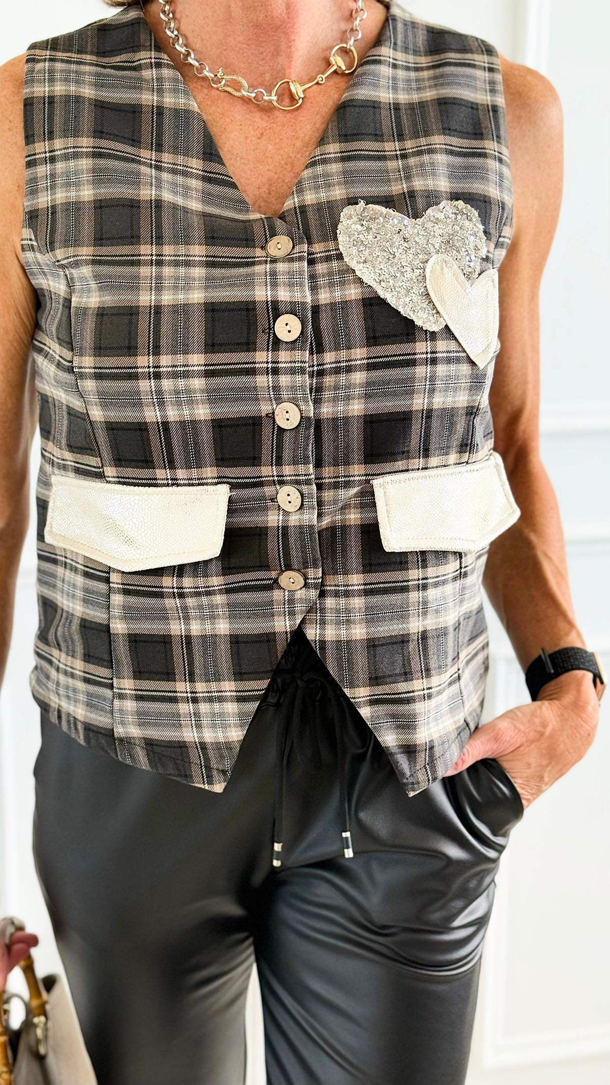 Sparkling Love Plaid Italian Vest-100 Sleeveless Tops-MILAN SLV-Coastal Bloom Boutique, find the trendiest versions of the popular styles and looks Located in Indialantic, FL