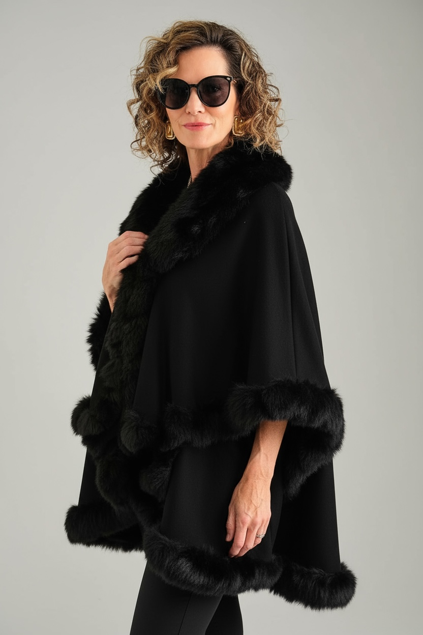 Winter Reverie Faux Fur Cape - Black-160 Jackets-NYW-Coastal Bloom Boutique, find the trendiest versions of the popular styles and looks Located in Indialantic, FL