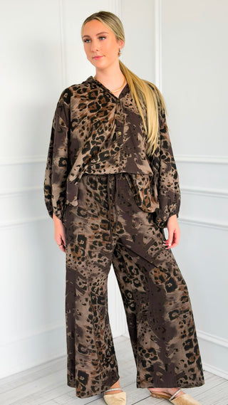 Spiced Leopard Wide Leg Italian Pant- Brown