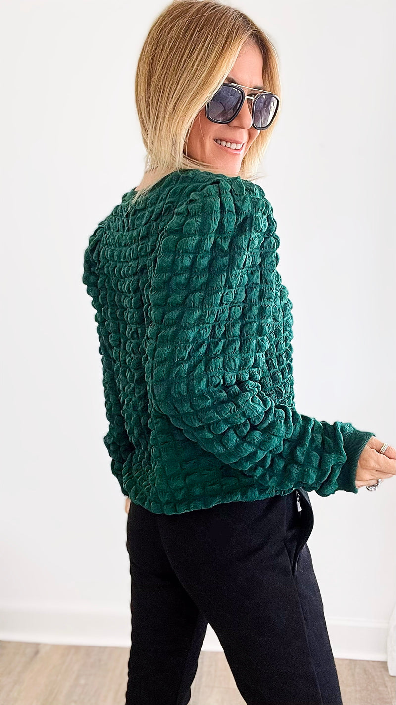Puff Party Checkered Sweater - Emerald-130 Long Sleeve Tops-JODIFL-Coastal Bloom Boutique, find the trendiest versions of the popular styles and looks Located in Indialantic, FL