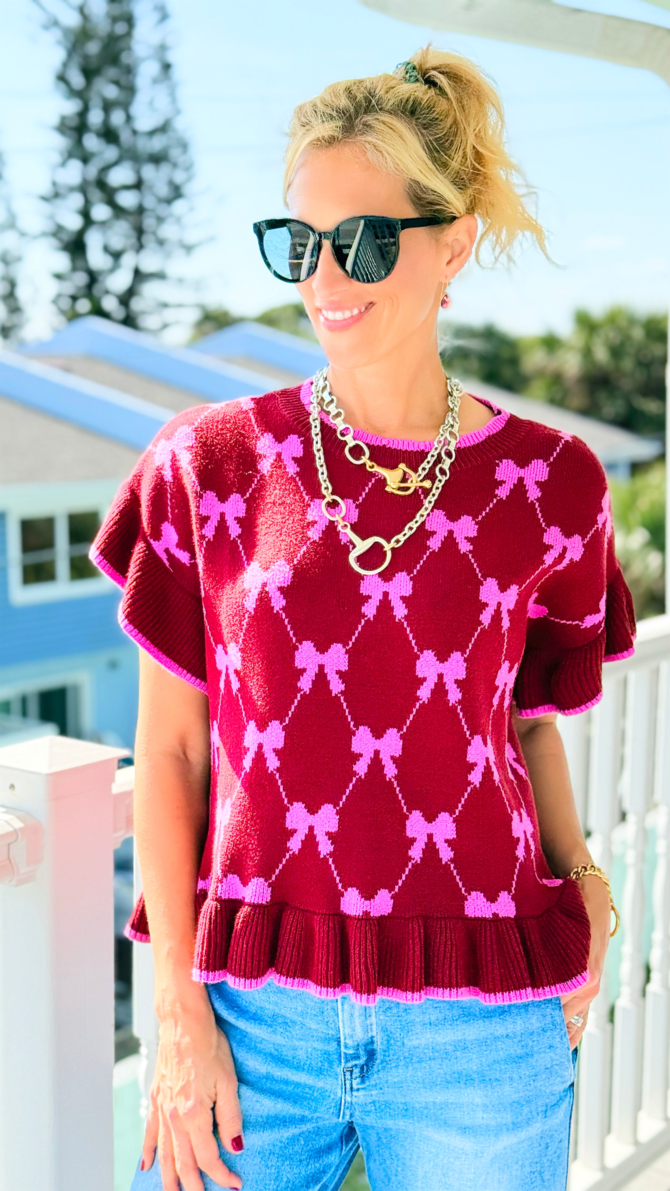 Bow Rendezvous Ruffle Knit Sweater-150 Cardigans/Layers-Umgee-Coastal Bloom Boutique, find the trendiest versions of the popular styles and looks Located in Indialantic, FL