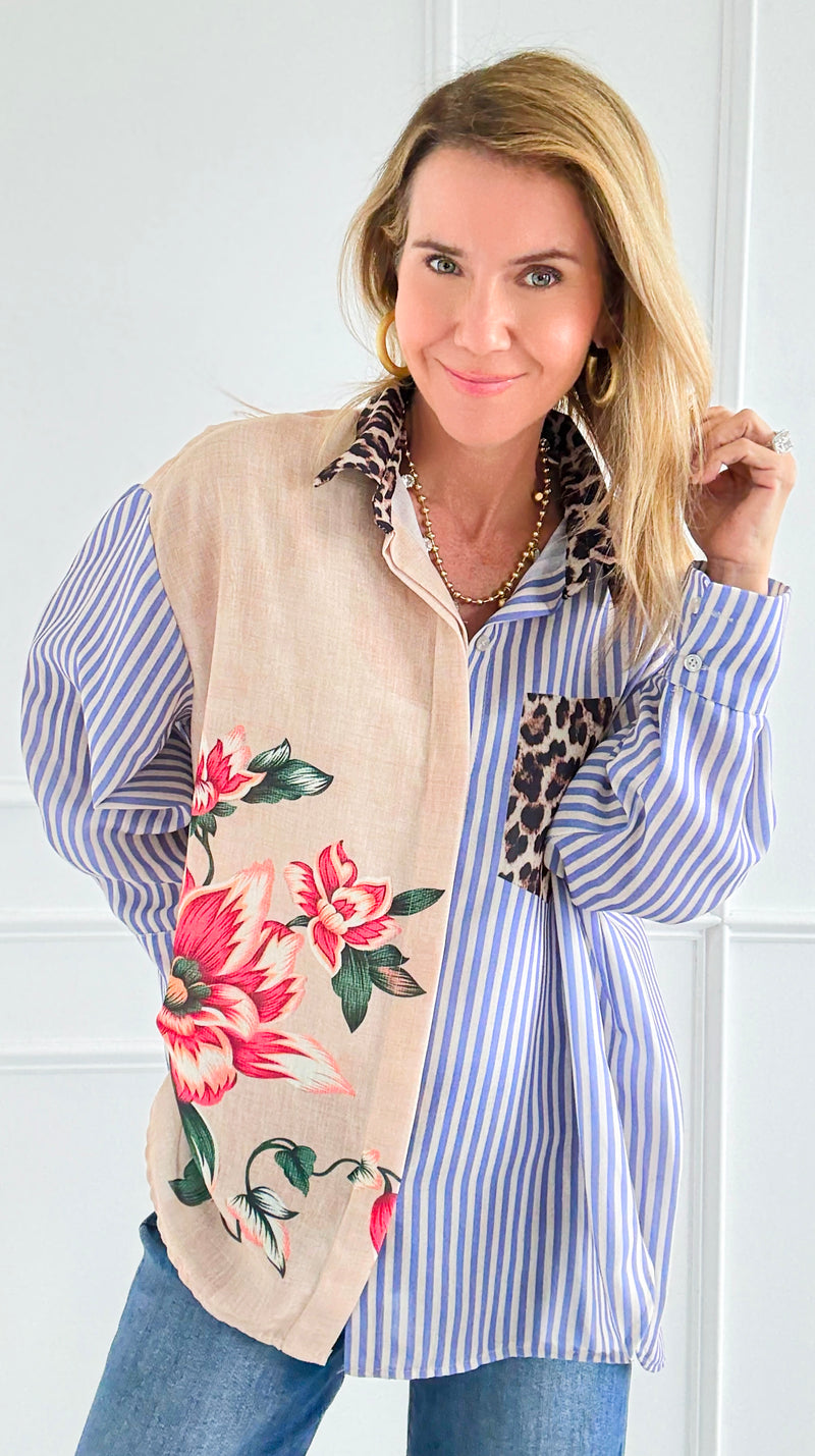 Stripes & Petals Wild Italian Blouse-110 Long Sleeve Tops-Italianissimo-Coastal Bloom Boutique, find the trendiest versions of the popular styles and looks Located in Indialantic, FL