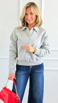 Whispered Grace Polo Top - Heather Grey-130 Long Sleeve Tops-Rosio-Coastal Bloom Boutique, find the trendiest versions of the popular styles and looks Located in Indialantic, FL