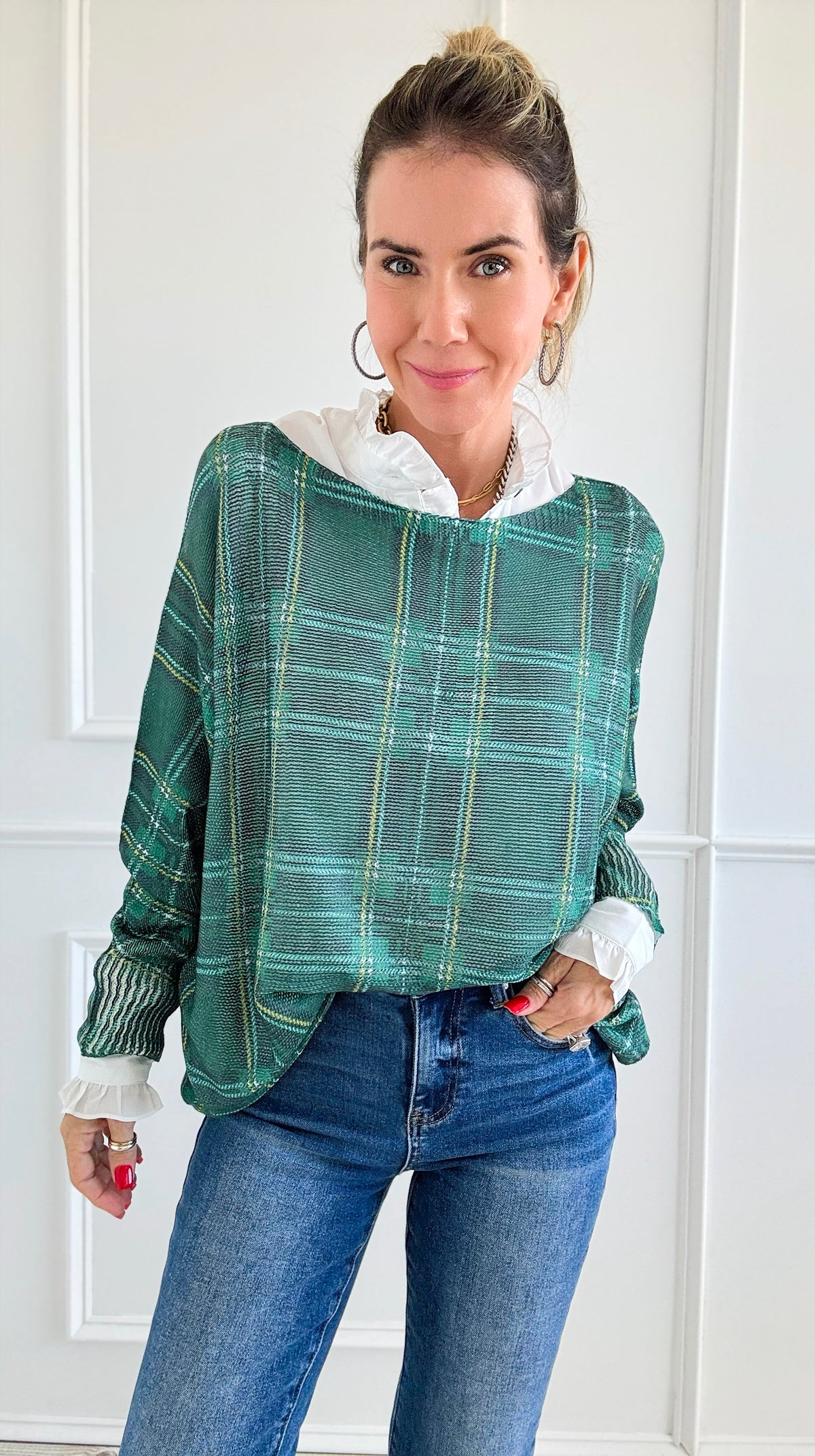 Festive Plaid St Tropez Italian Knit Sweater- Green-140 Sweaters-Italianissimo-Coastal Bloom Boutique, find the trendiest versions of the popular styles and looks Located in Indialantic, FL