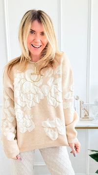 Bold Bloom Knit Sweater - Oatmeal-140 Sweaters-Rousseau-Coastal Bloom Boutique, find the trendiest versions of the popular styles and looks Located in Indialantic, FL