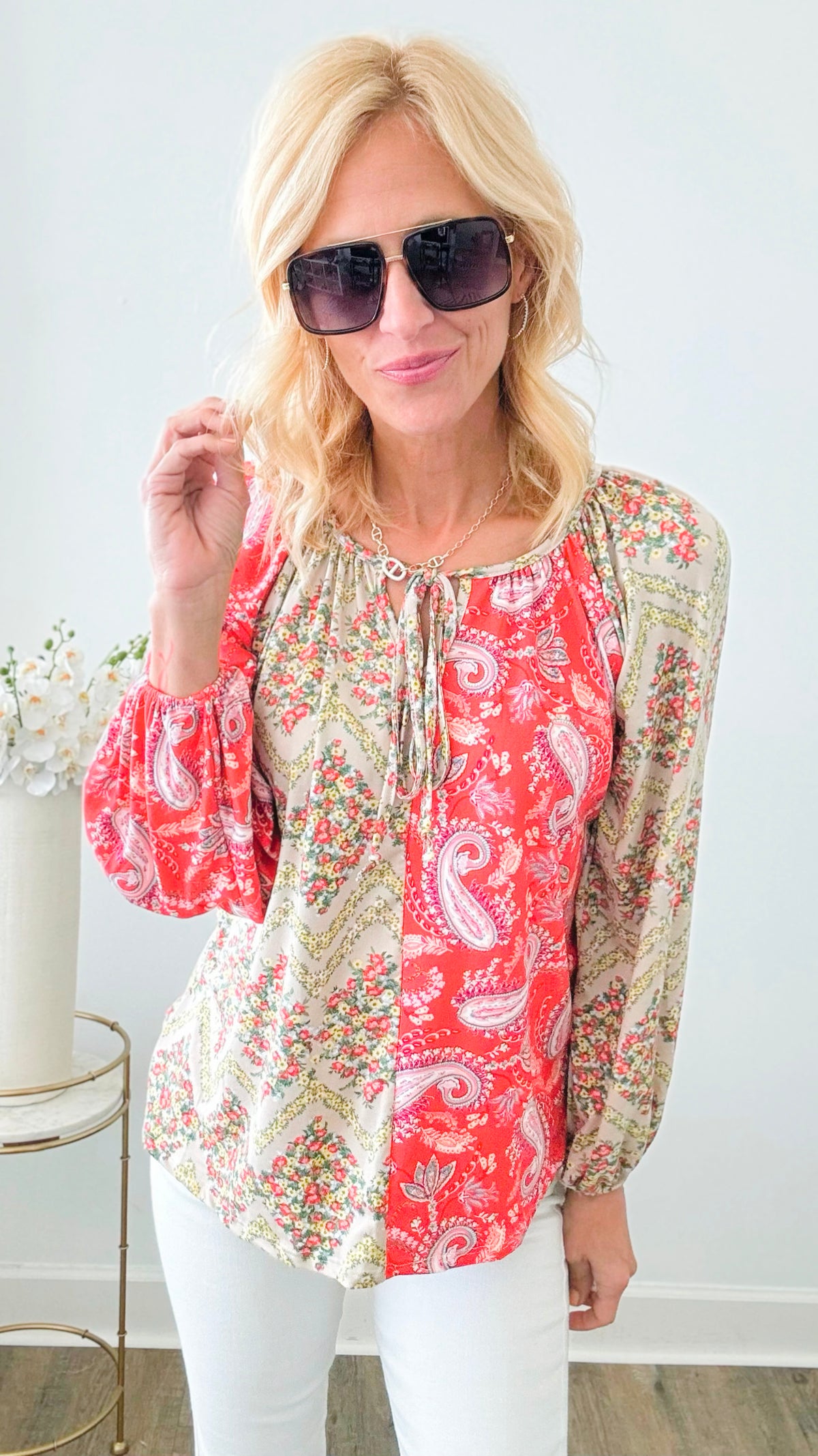 Paisley & Floral Chevron Bubble Sleeve Top-130 Long Sleeve Tops-Rousseau-Coastal Bloom Boutique, find the trendiest versions of the popular styles and looks Located in Indialantic, FL