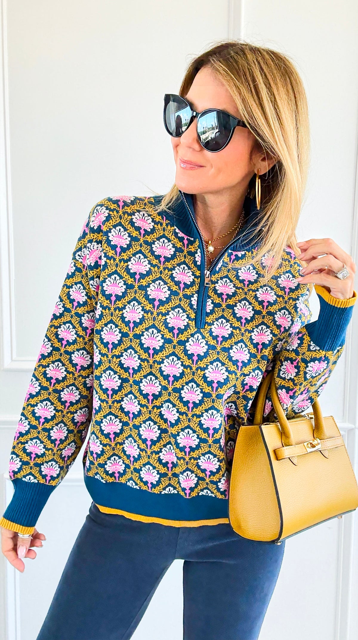 Tri-Bloom Zip Mock Sweater-Peacock Blue Multi-140 Sweaters-&MERCI-Coastal Bloom Boutique, find the trendiest versions of the popular styles and looks Located in Indialantic, FL