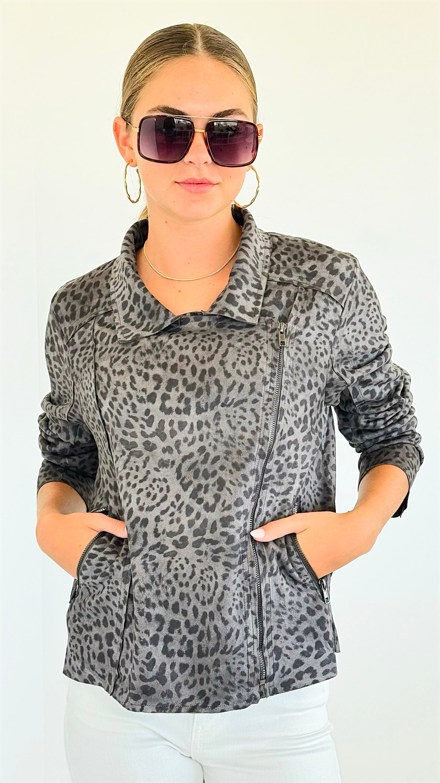 Spotted Vegan Suede Rider Jacket - Charcoal-160 Jackets-oddi-Coastal Bloom Boutique, find the trendiest versions of the popular styles and looks Located in Indialantic, FL