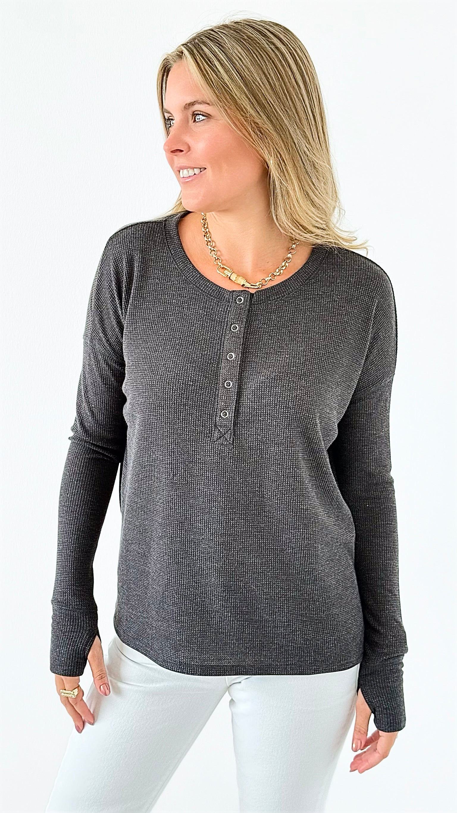 Button-Front Waffle Knit Top - Black-110 Long Sleeve Tops-Zenana-Coastal Bloom Boutique, find the trendiest versions of the popular styles and looks Located in Indialantic, FL