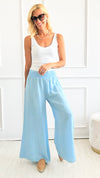 Born Free Linen Italian Palazzo - Sky Blue-170 Bottoms-Italianissimo-Coastal Bloom Boutique, find the trendiest versions of the popular styles and looks Located in Indialantic, FL
