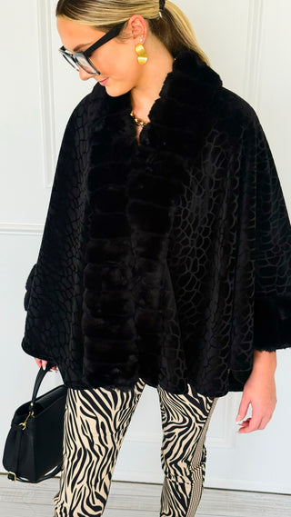 Plush Collar Poncho - Black