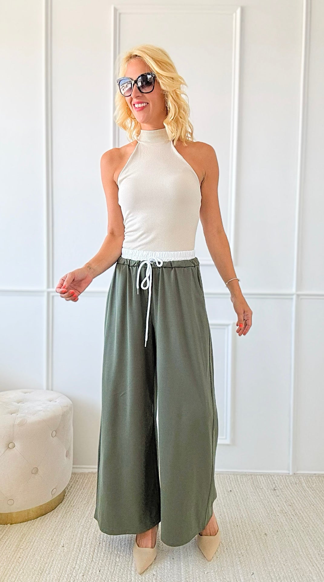 Doppio Italian Statement Palazzos - Olive-pants-Italianissimo-Coastal Bloom Boutique, find the trendiest versions of the popular styles and looks Located in Indialantic, FL