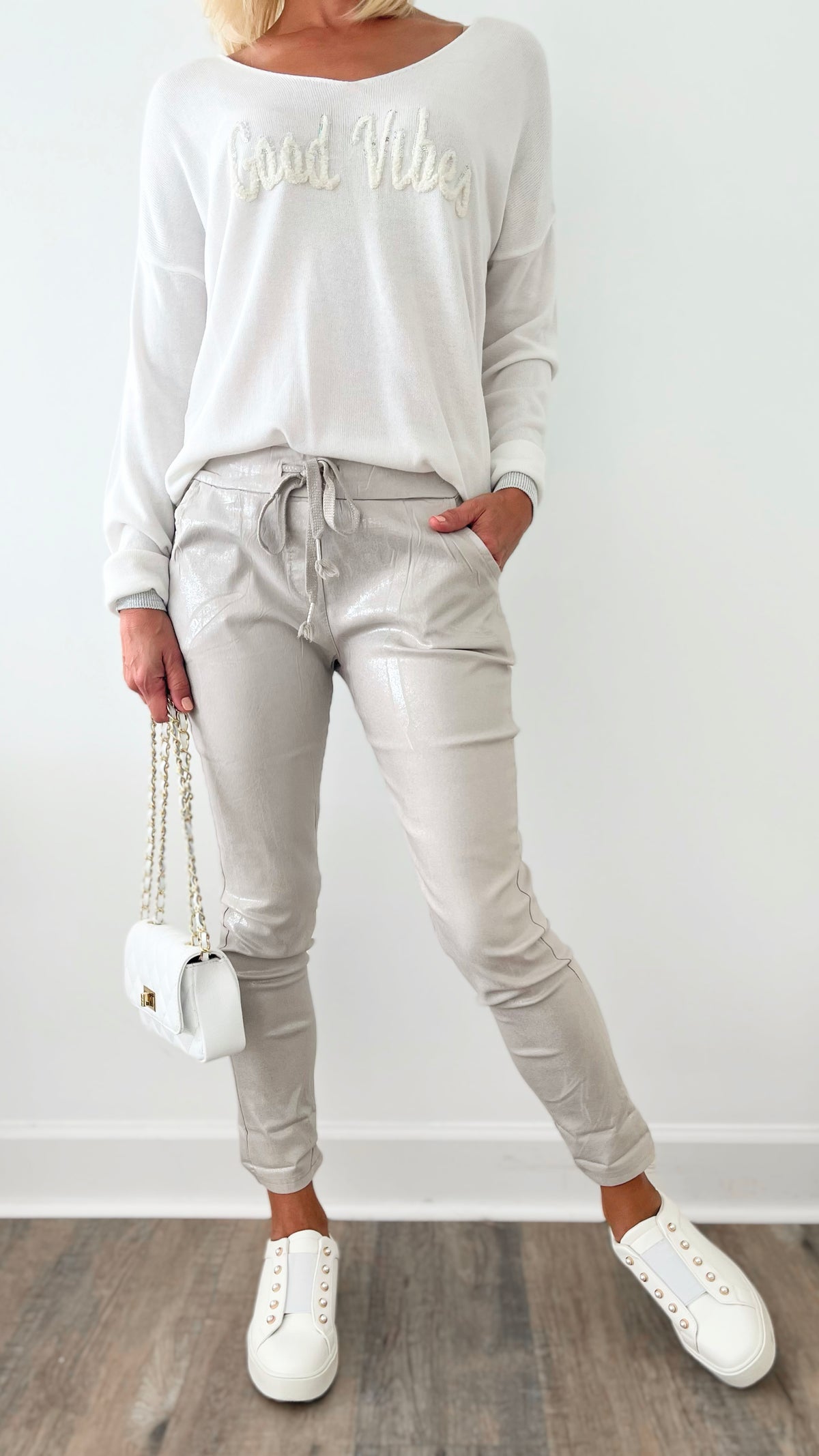 Glistening Silver Italian Joggers - Ecru-180 Joggers-Germany-Coastal Bloom Boutique, find the trendiest versions of the popular styles and looks Located in Indialantic, FL